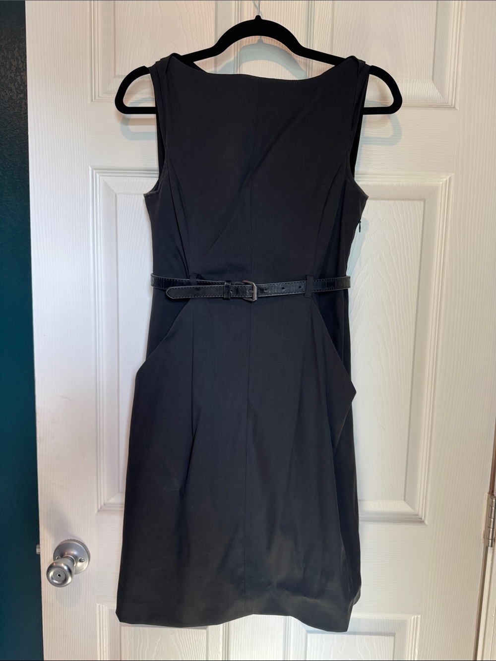Theory Black Sleeveless Mini Sheath Dress with Slim Belt Detail